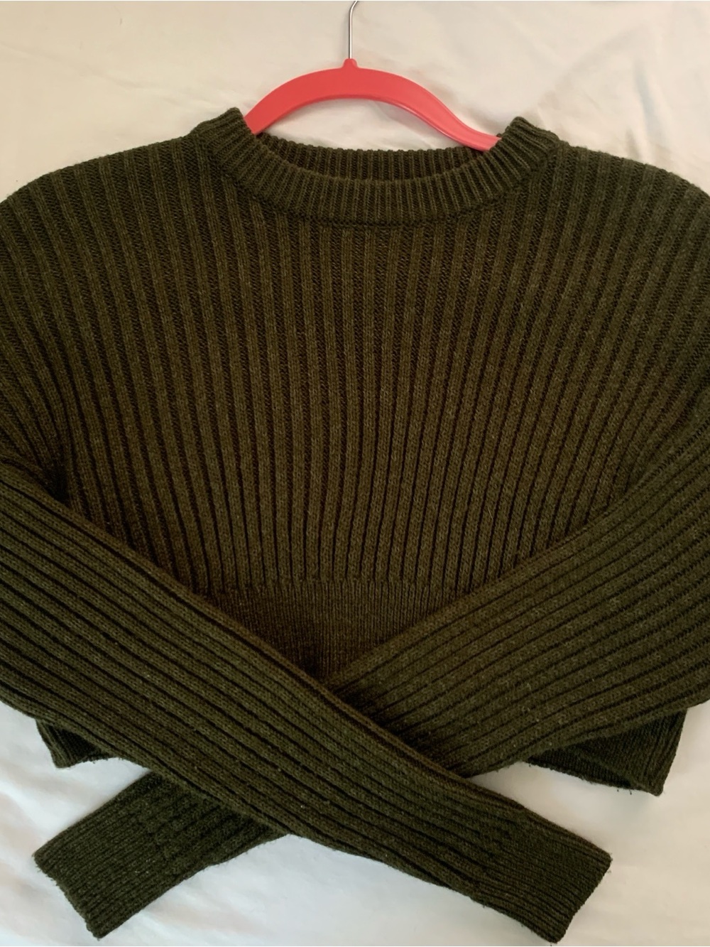 Urban Outfitters Cropped Ribbed Crewneck Sweater - Olive